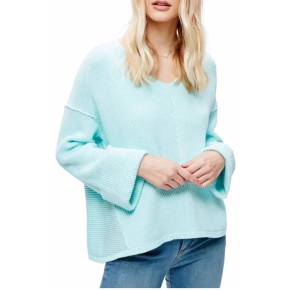 Free People La Brea Ribbed V-Neck Sweater Size Small Mint Aqua Blue - Picture 1 of 7